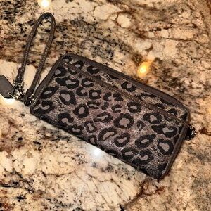 Coach cheetah gray zip around wallet